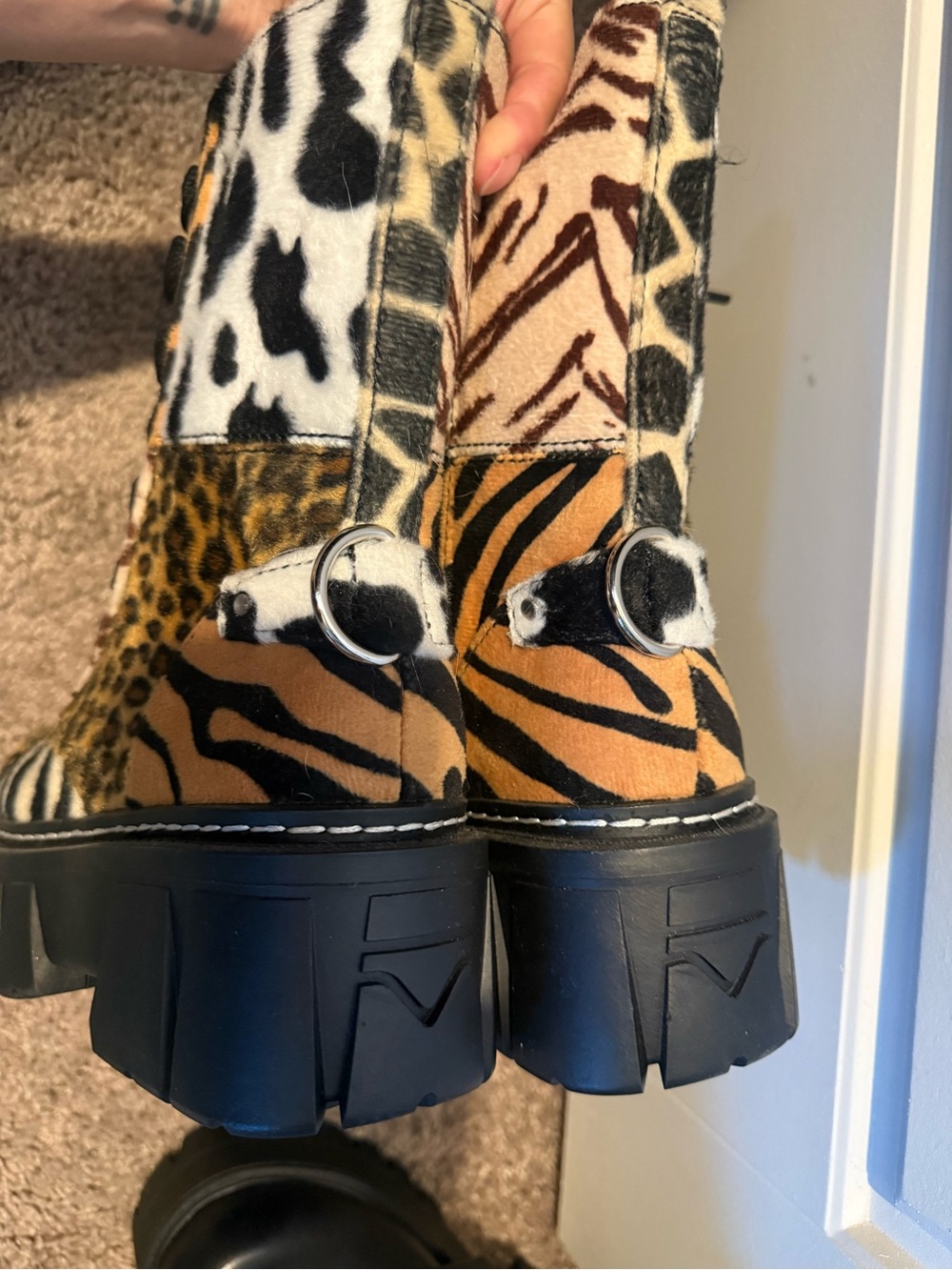 Party animal zebra cheetah , cheetah print furry combat platform Boots - Picture 3 of 3